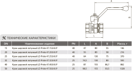 Технические характеристики кранов шаровых латунных LD Pride 47 В-В-Р